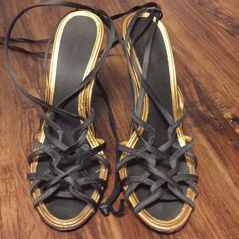 BCBG MaxAzria brown and gold strappy sandal